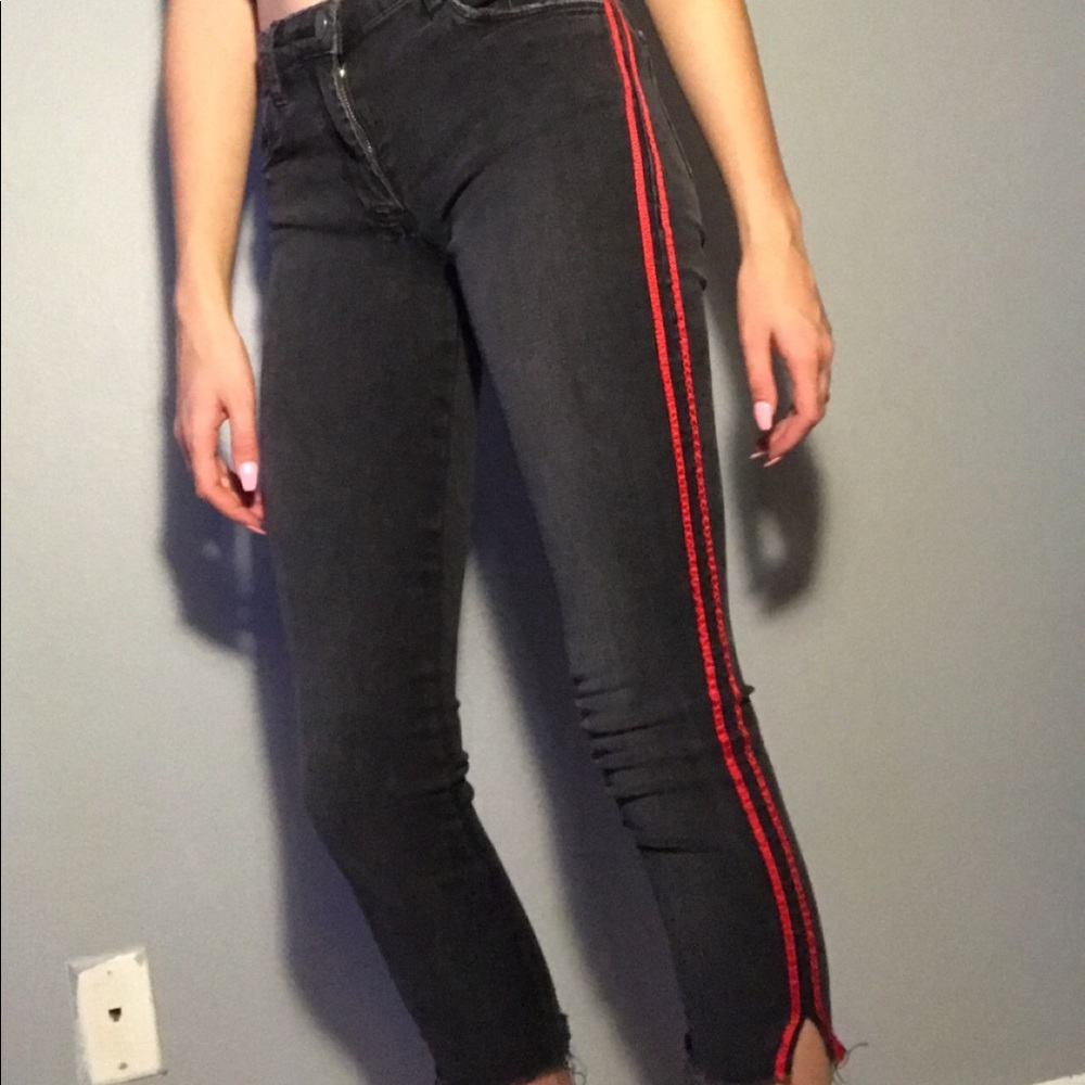 Black High Rise Jeans With Two Red Stripes